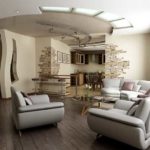 Пастельные серо-бежевые тон, классическое сочетание, акцентированное фрагментами натурального камня